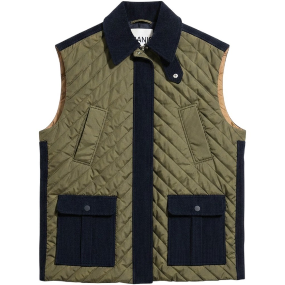 GANNI Quilted Vest Women 36 Olive Green Navy Blue Gorpcore Minimalist Layering